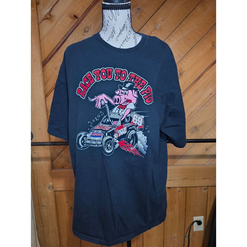 Gildan Danny Hogie Race You To The Pig Graphic T-Shirt Mens XL Black Racing Tee